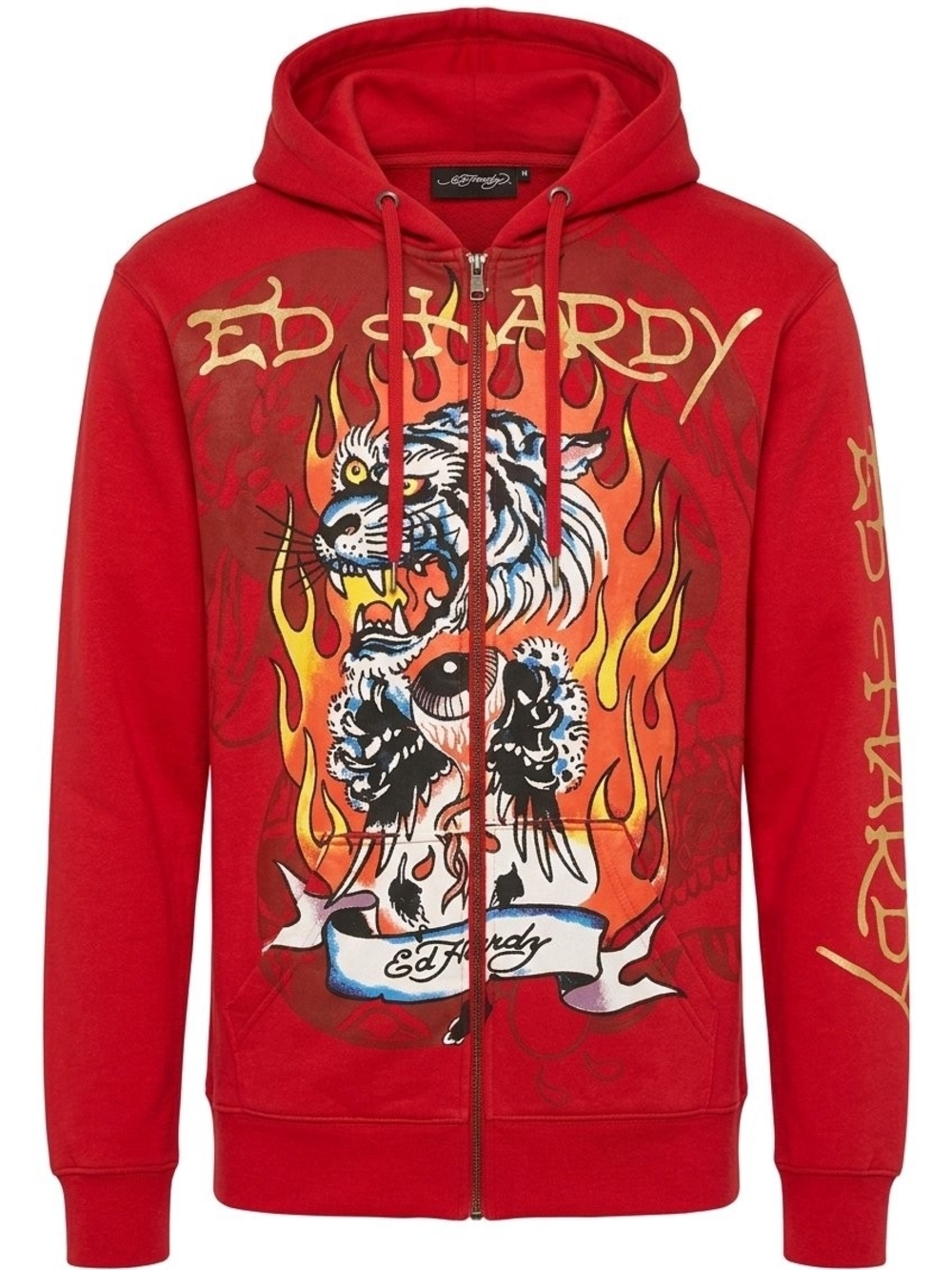 Ed Hardy Red and Gold Tiger Flame Zip Hoodie with Damage